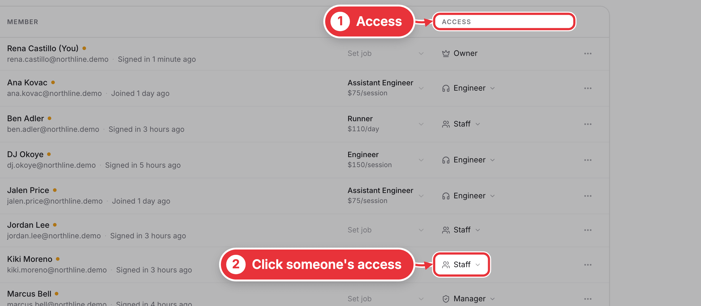 The Team page, with one person's access marked in the Access column