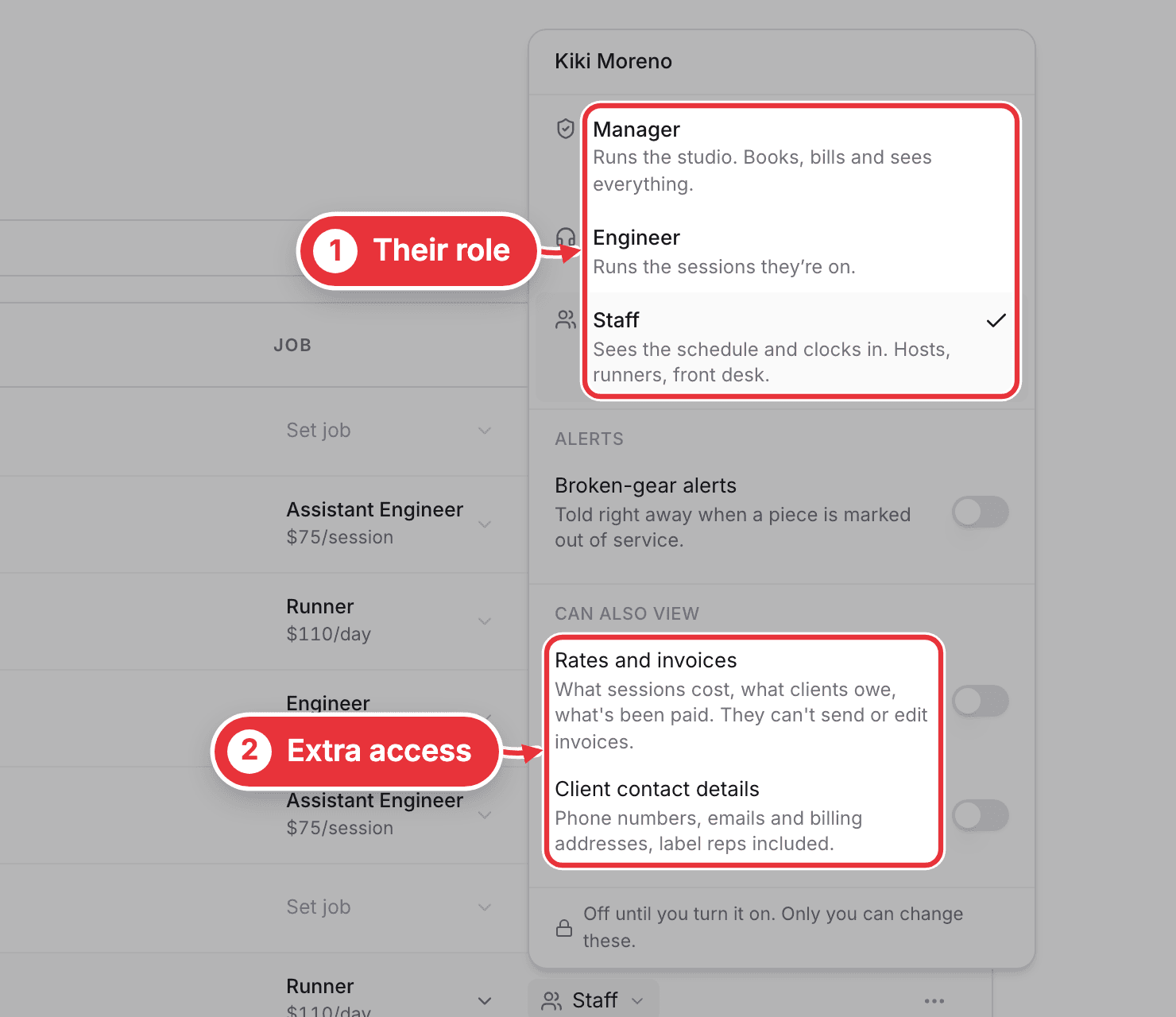The access menu for a staff member, with their role and the two Can also view switches marked