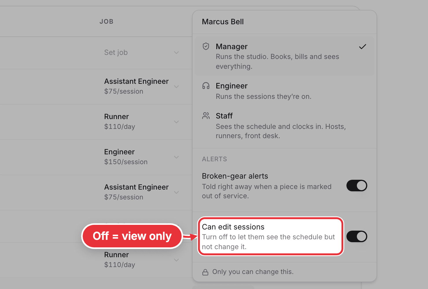 The access menu for a manager, with Can edit sessions marked