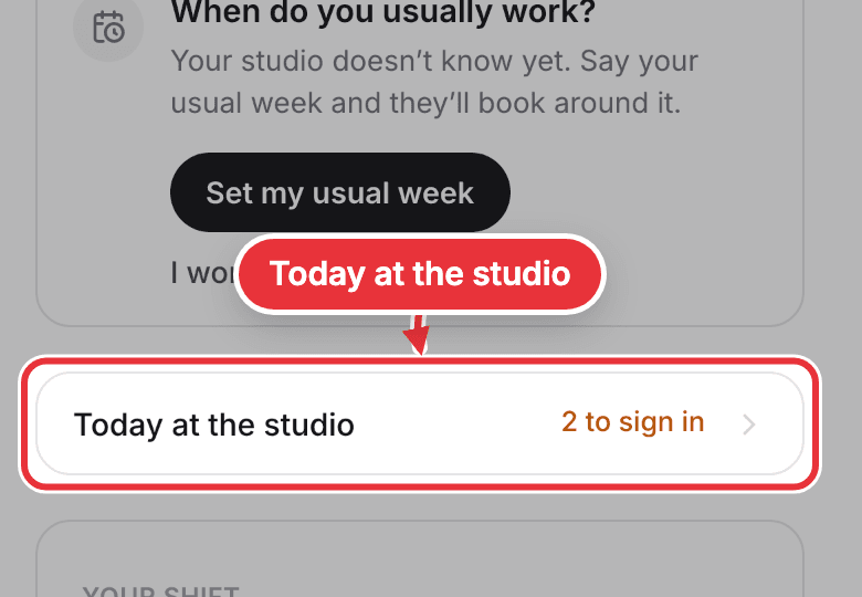 Me on a phone, with the Today at the studio row marked