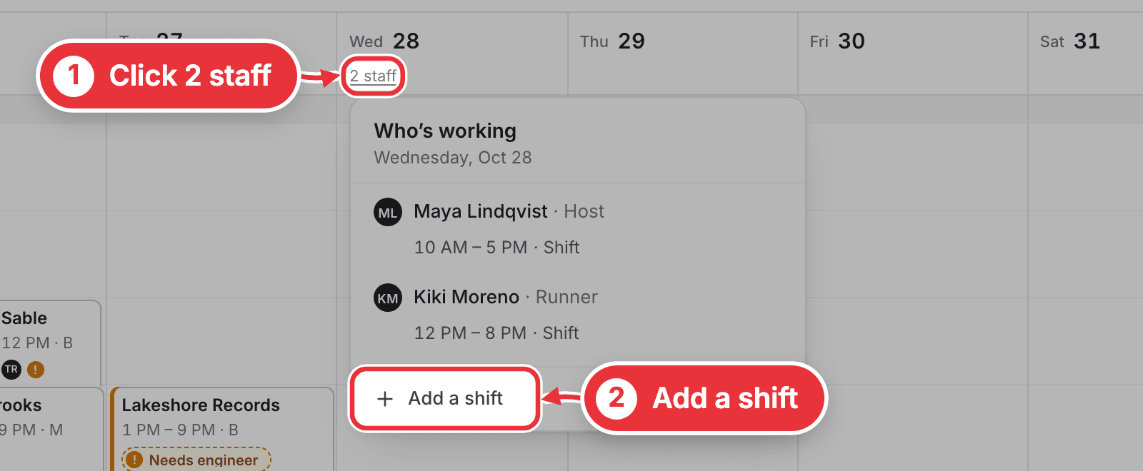 The Week, with a day's 2 staff line and Add a shift marked