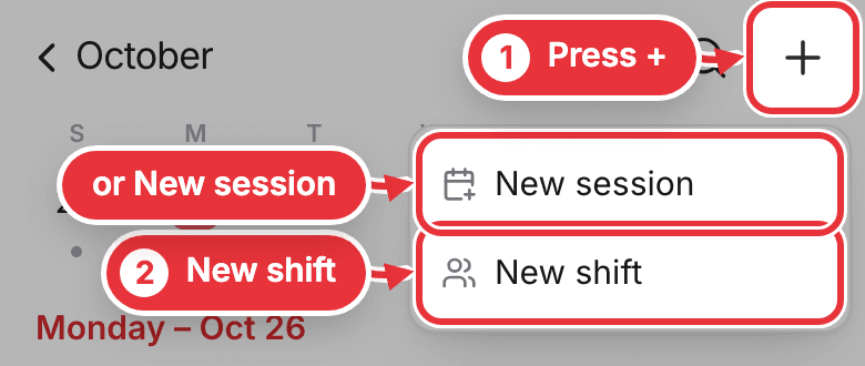 Phone Calendar with the + menu open, New shift and New session marked