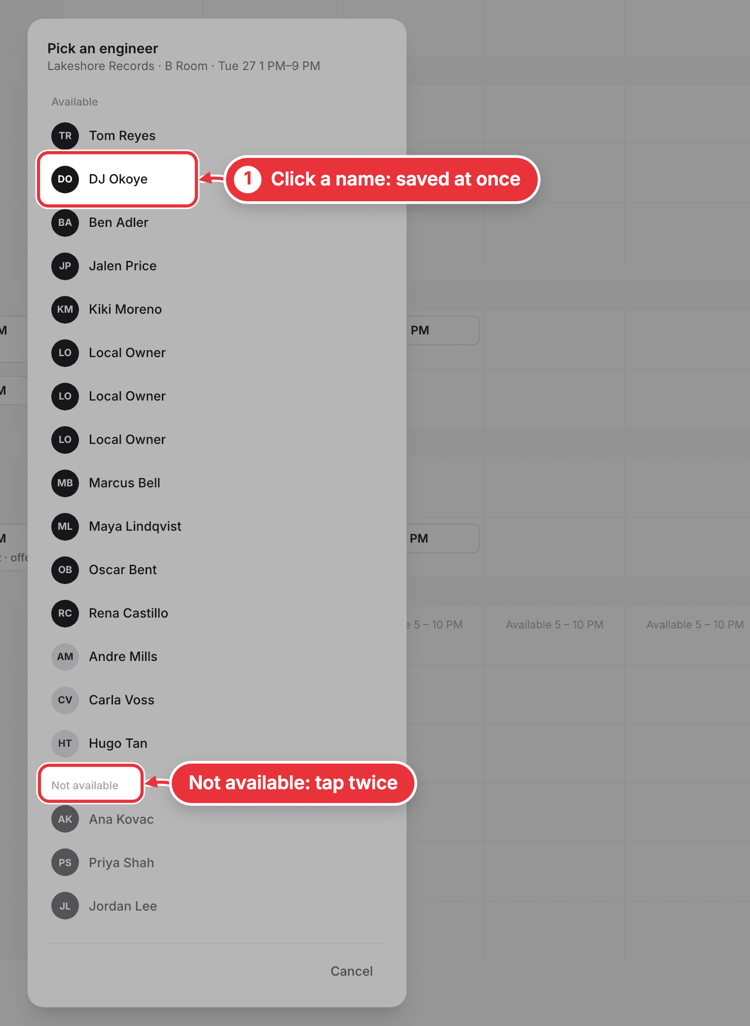 Pick an engineer opened from Sessions to staff, with a name and Not available marked