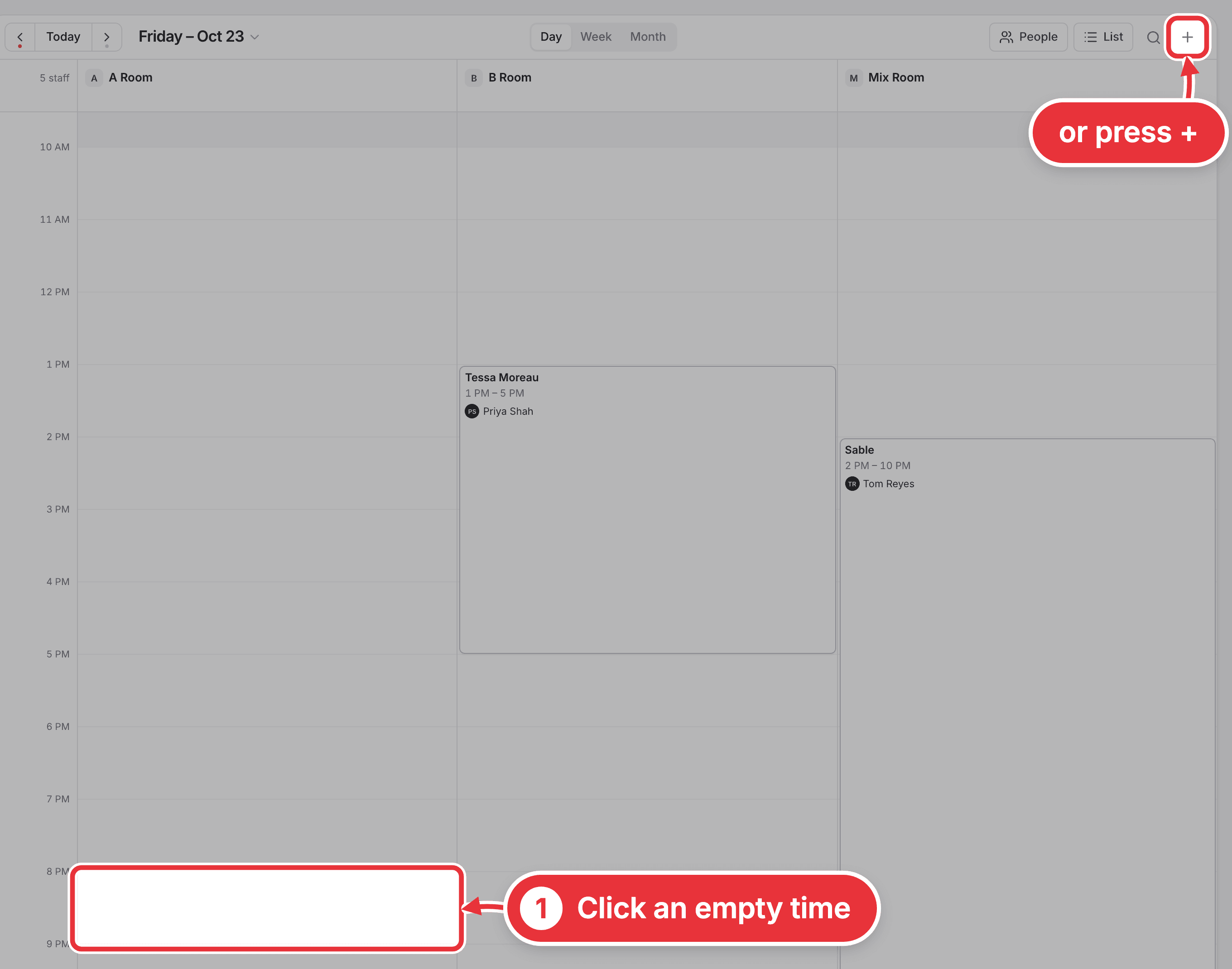 The Calendar's Day view, with an empty time in a room's column and the + button marked