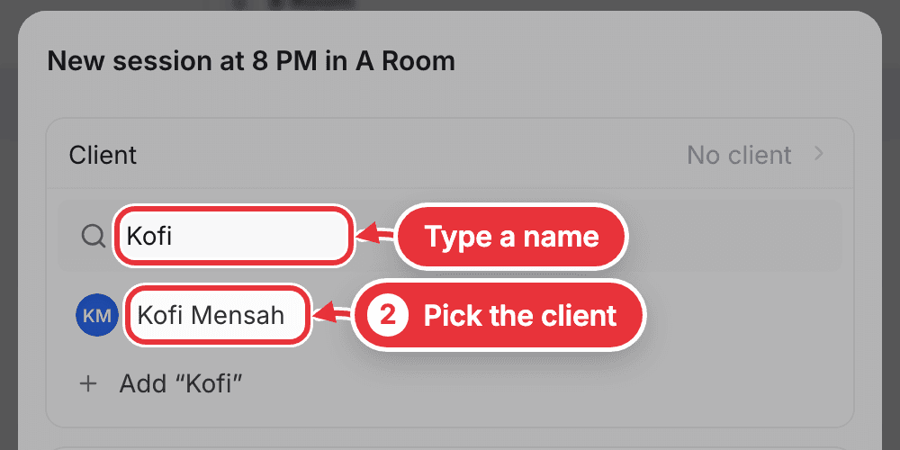 The New session form with the client list open and a client marked