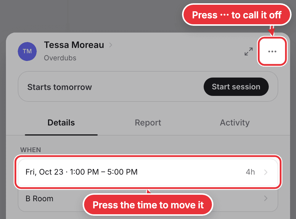 An open session, with the booked time and the ⋯ button marked