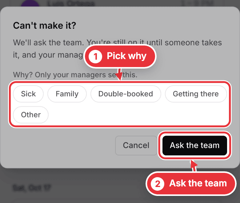 The Can't make it box, with the reasons and Ask the team marked