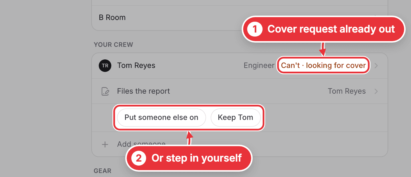 A session where the engineer can't make it: cover already asked for, with Put someone else on and Keep