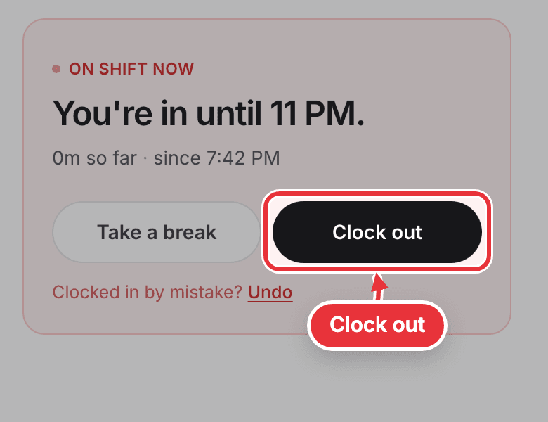 On shift now on Me, with Clock out marked beside Take a break