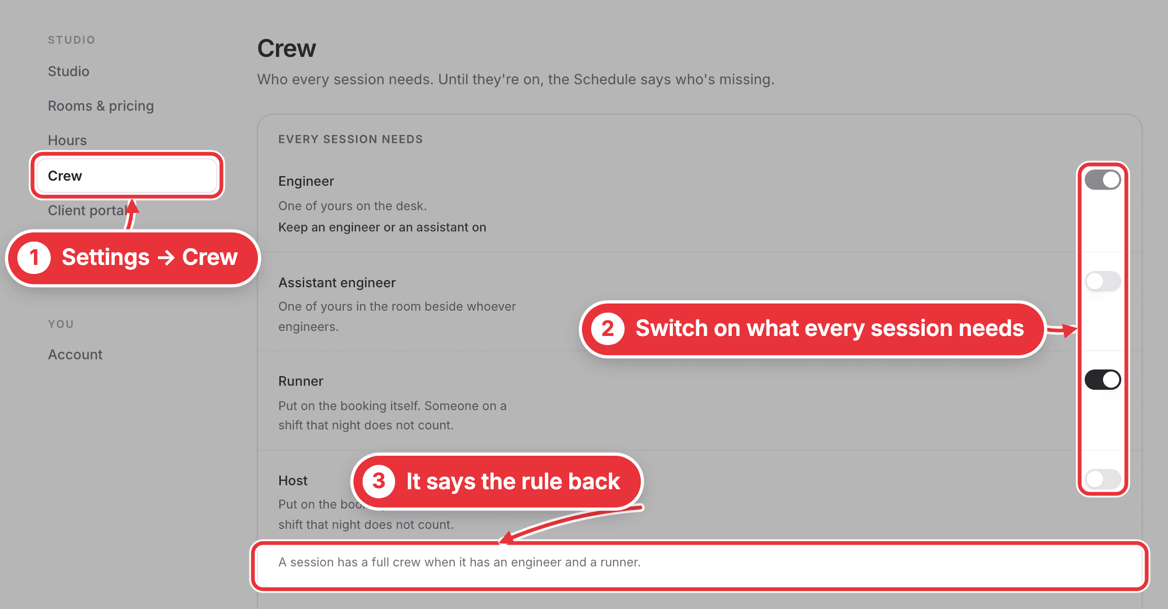 Settings › Crew, with the menu entry, the switches and the rule marked
