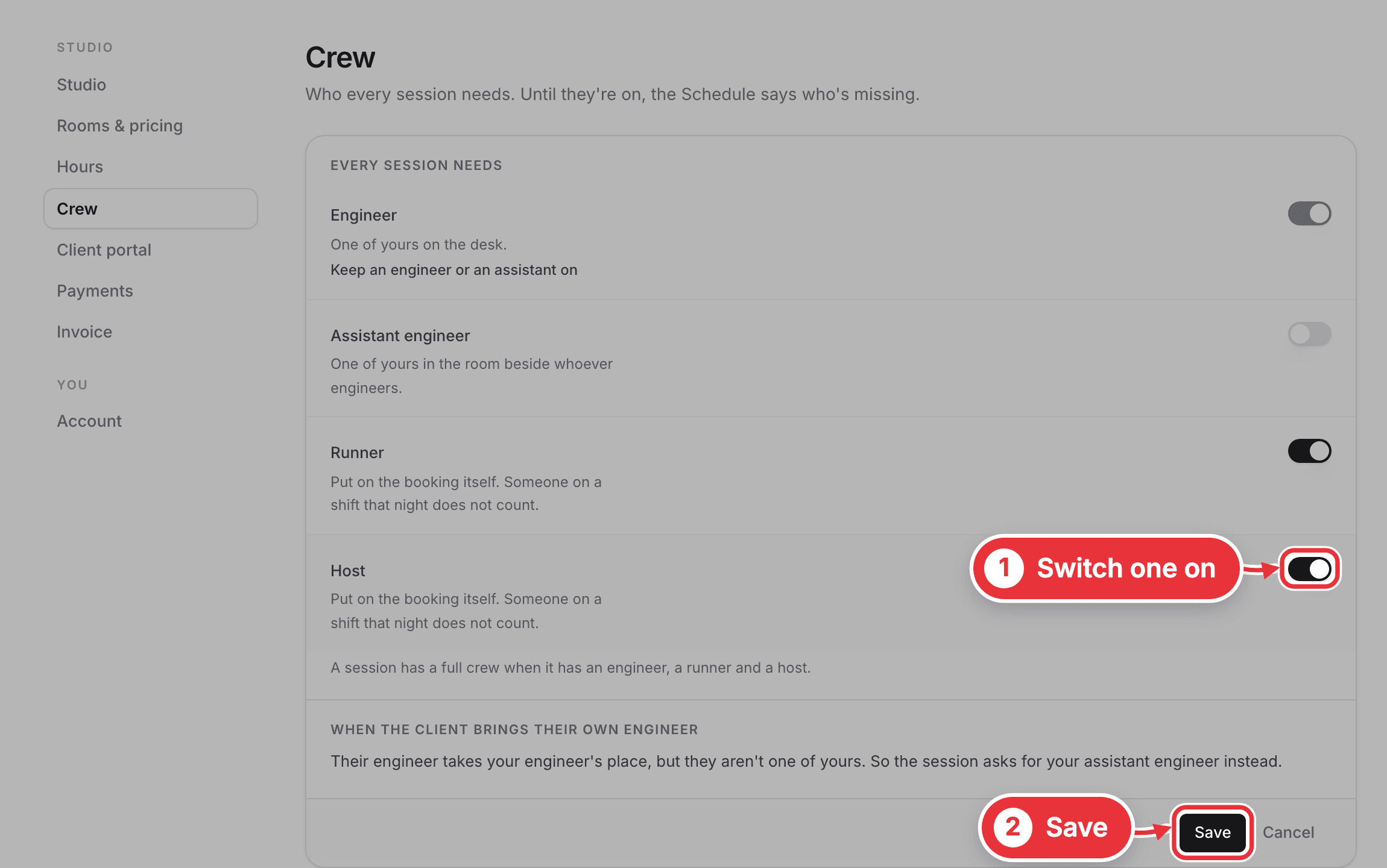 A job switched on in Settings › Crew, with Save marked
