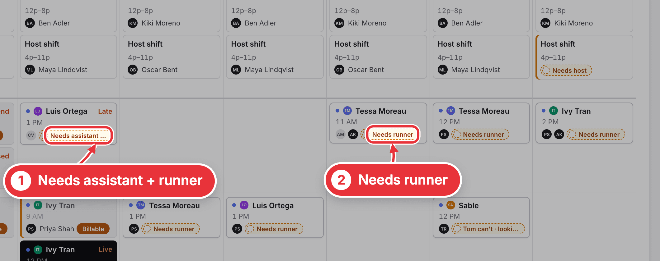 The Week, with Needs assistant + runner and Needs runner marked on two sessions