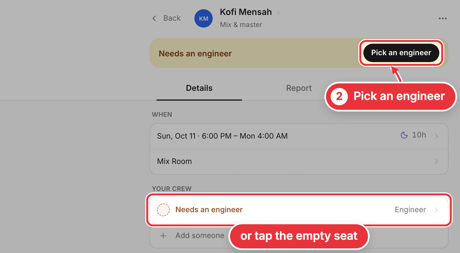 An open session, with Pick an engineer and the empty seat marked