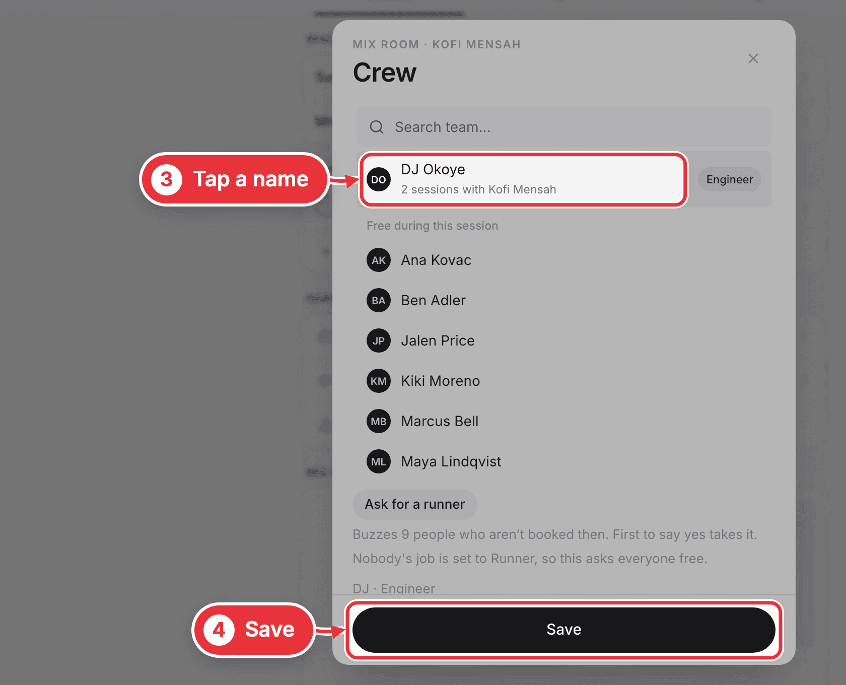 The crew list with a name picked and Save marked