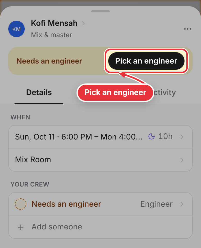 On a phone: an open session with Pick an engineer marked