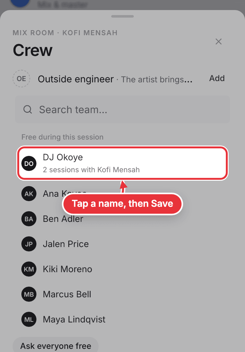 On a phone: the crew list with a name marked