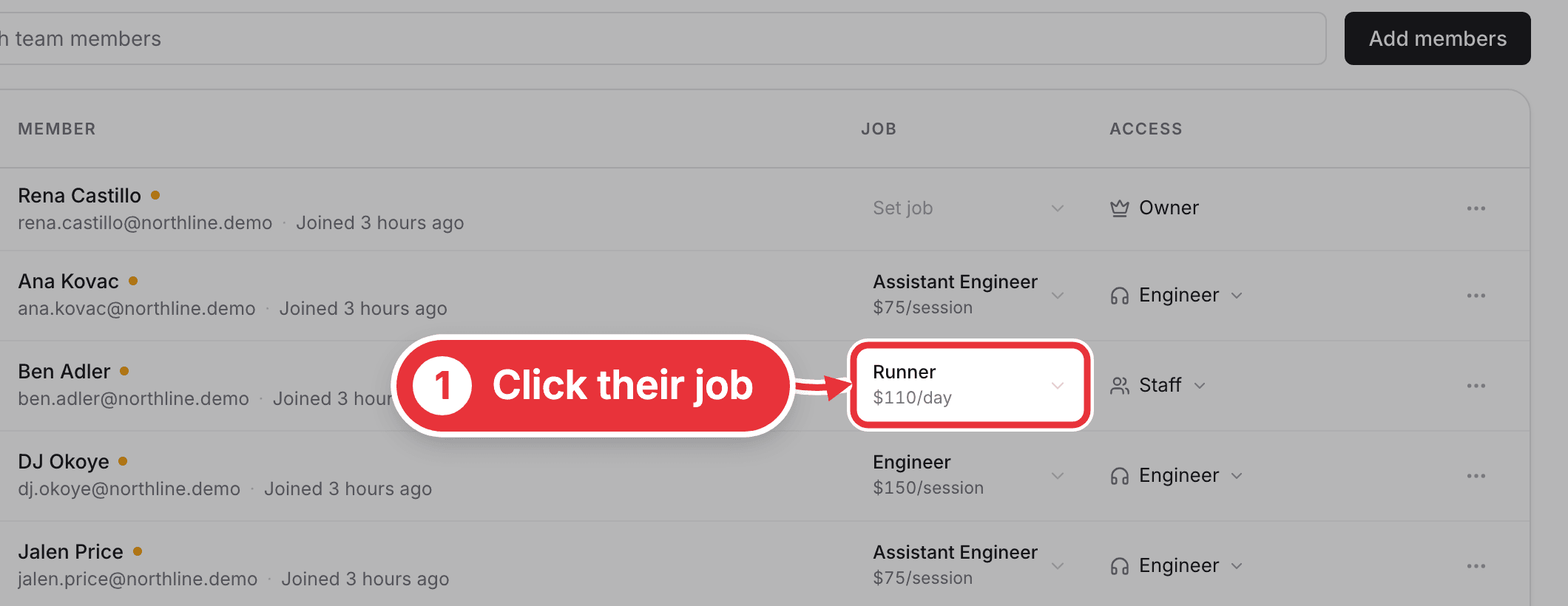 The Team page, with one person's job marked