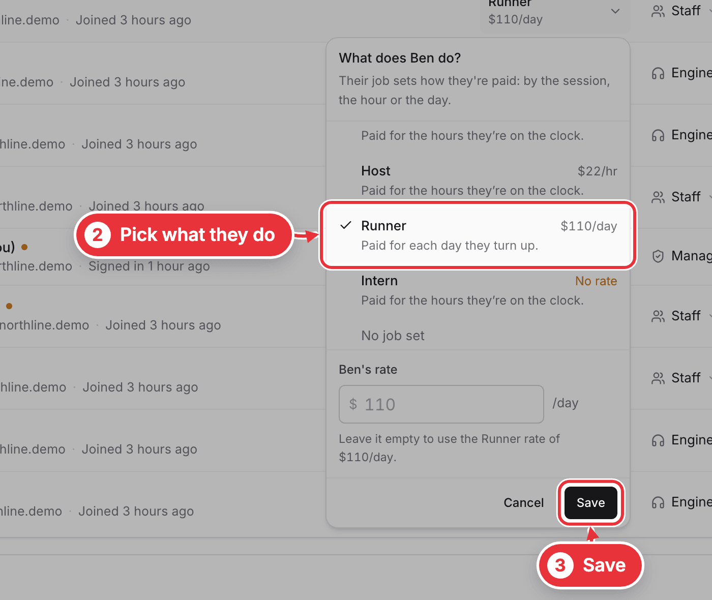 The job picker open on the Team page, with a job and Save marked