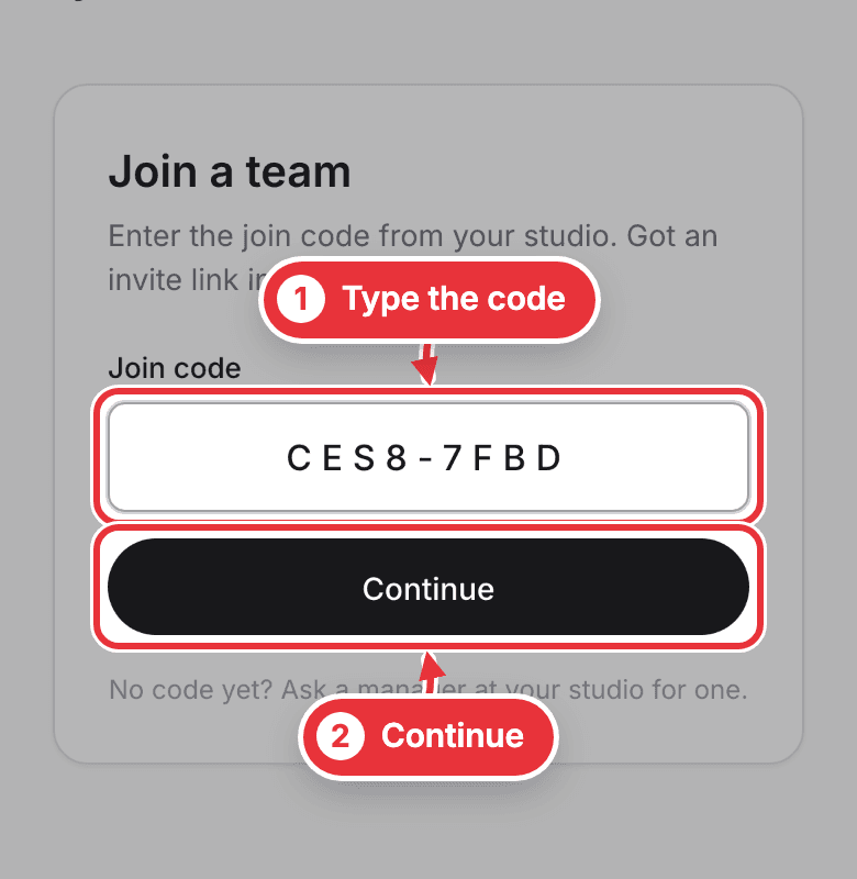 The join page on a phone, with the code box and Continue marked