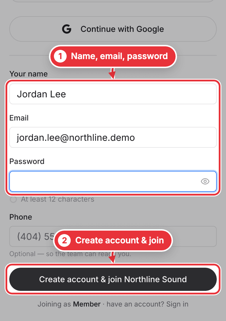 The join form on a phone, with Create account & join marked