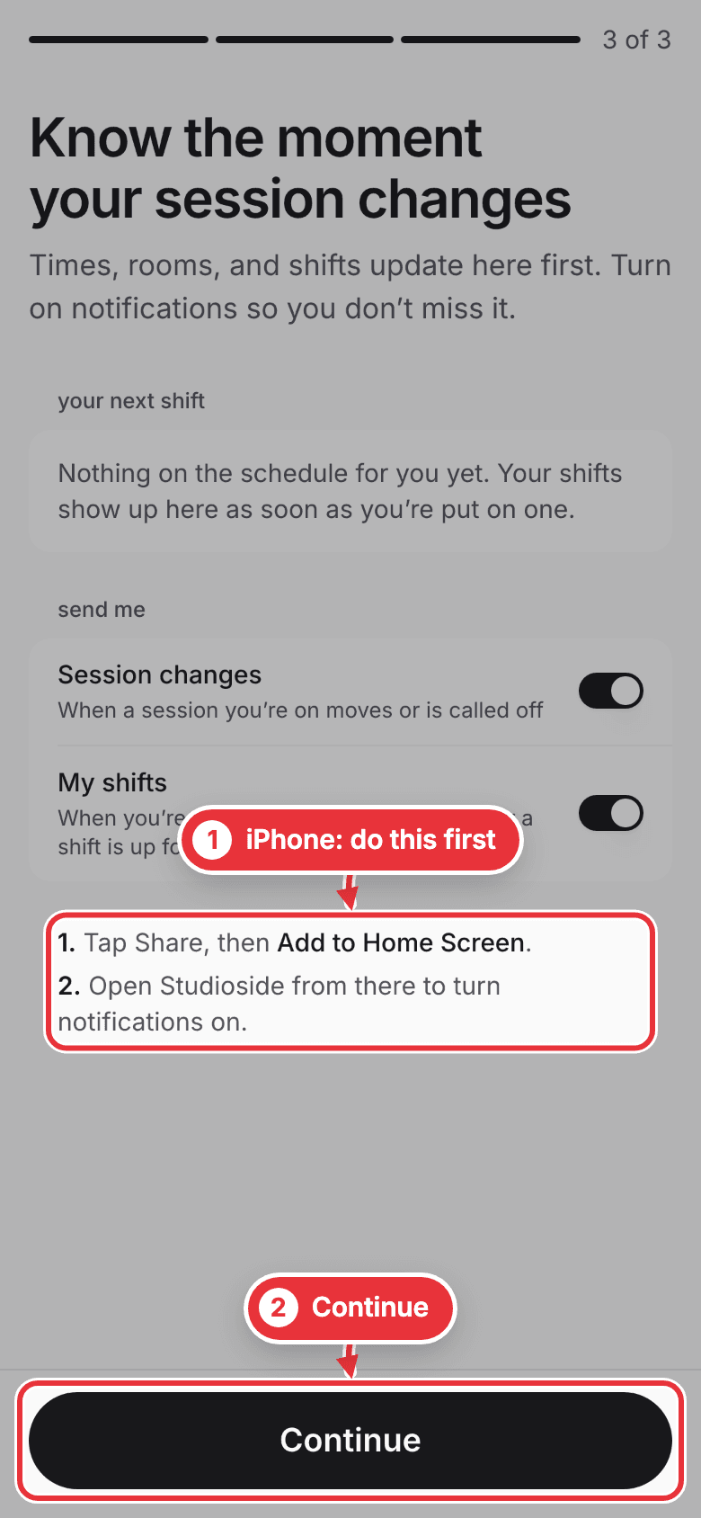The last join screen on an iPhone, with the Home Screen steps and Continue marked
