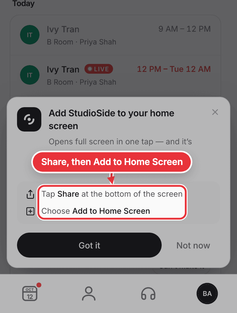Me on a phone, with Add StudioSide to your home screen and Show me how marked