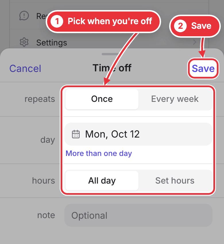 The Block time off sheet, with Once or Every week, All day or Set hours, and Save marked