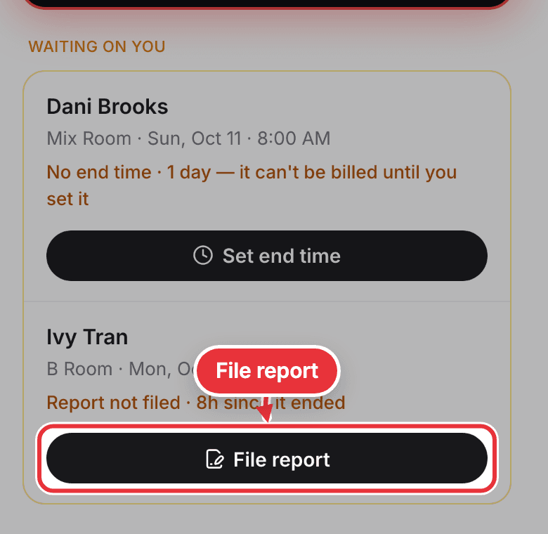 Me on a phone, with a report not filed under Waiting on you and File report marked
