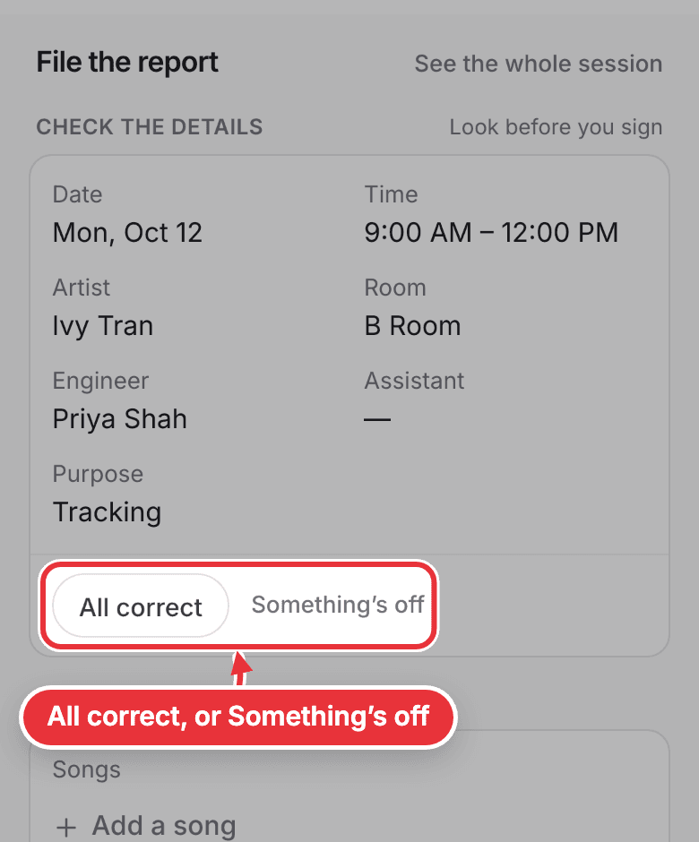 The report's first check on a phone, with All correct marked