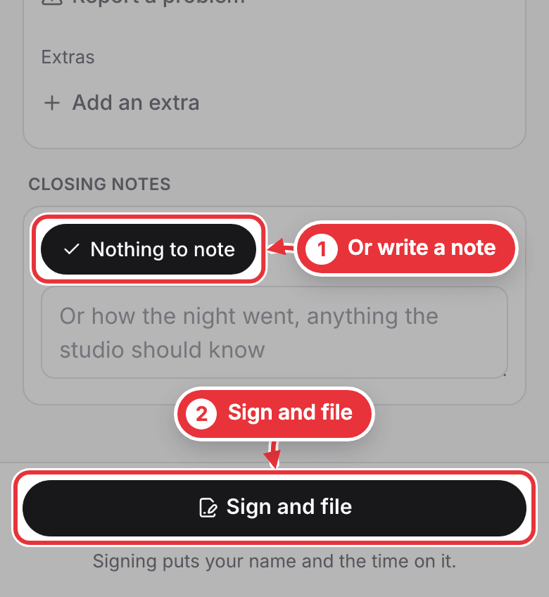 Closing notes on a phone, with Nothing to note and Sign and file marked