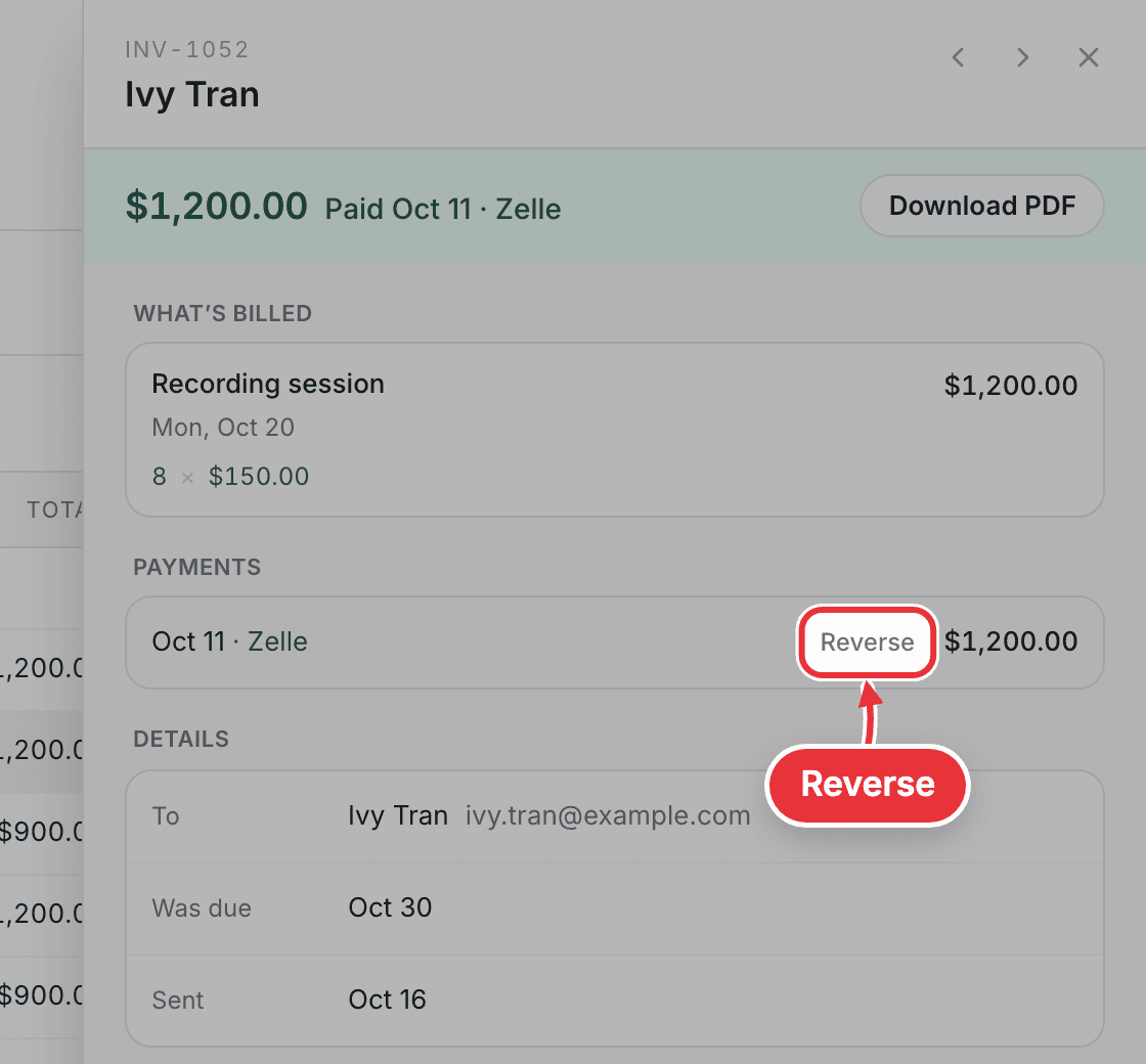 An open bill, with Reverse marked beside its Zelle payment