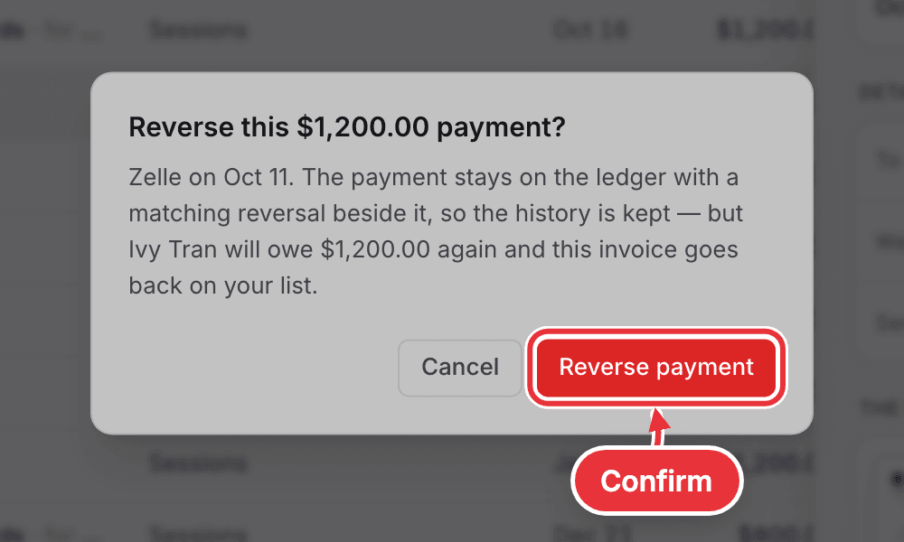 The Reverse this payment? box, with Reverse payment marked