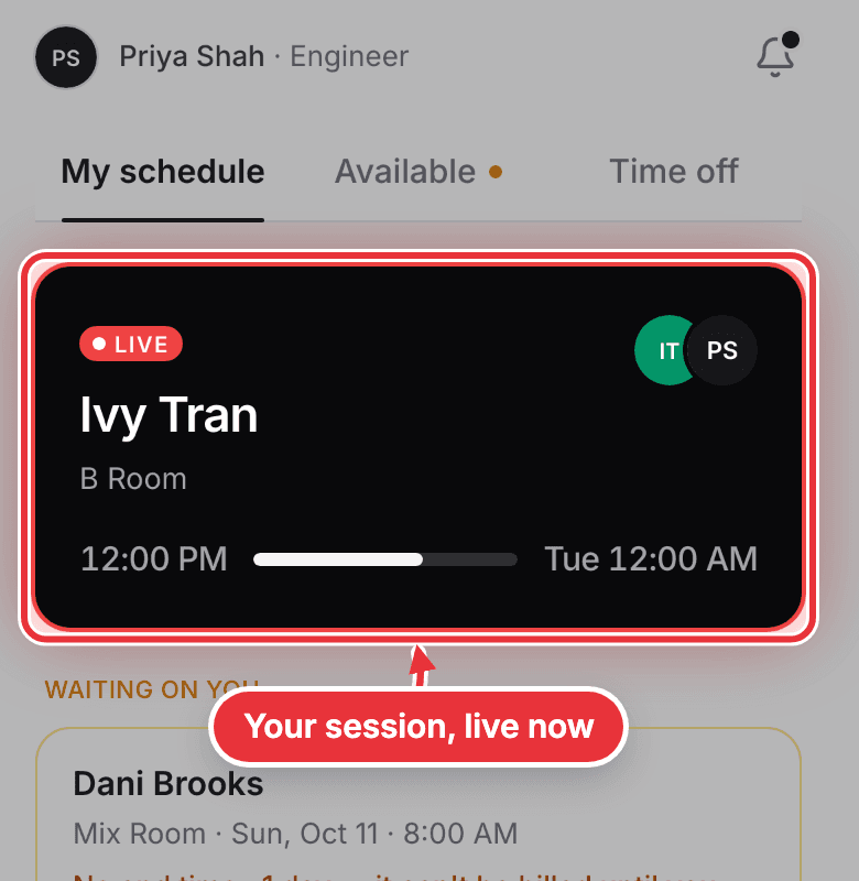 Me on a phone, with a live session at the top marked