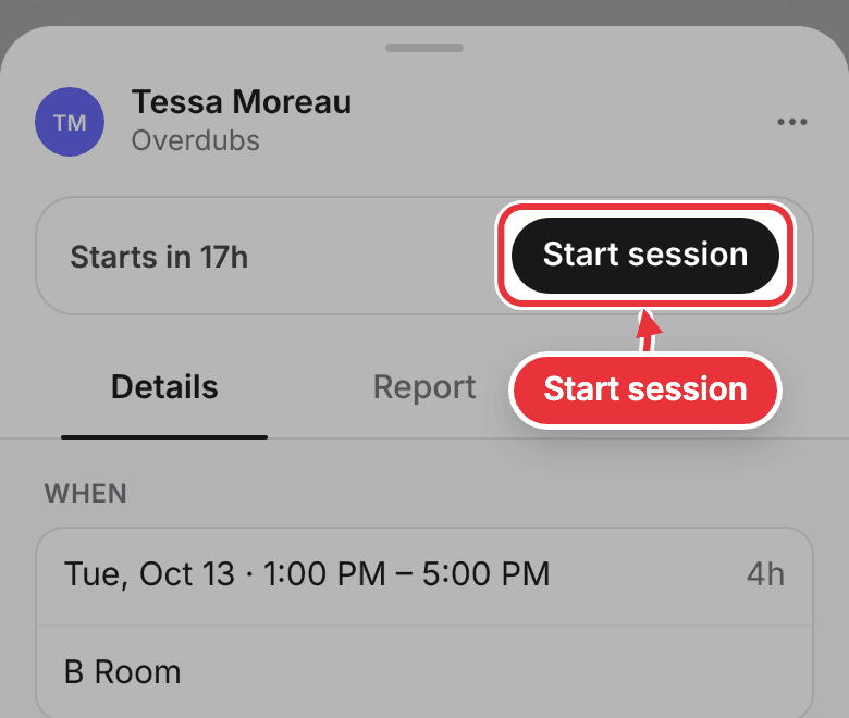 A session on a phone, with Start session marked
