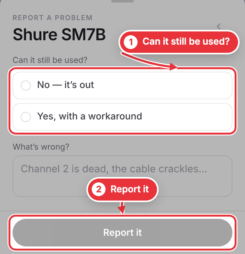 Reporting a broken piece of gear from a session on a phone, with Report it marked