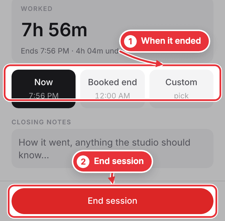 Ending a session on a phone, with Now, Booked end and Custom marked