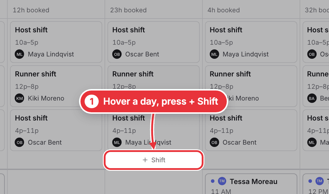 The + Shift button under a day in the Shifts row