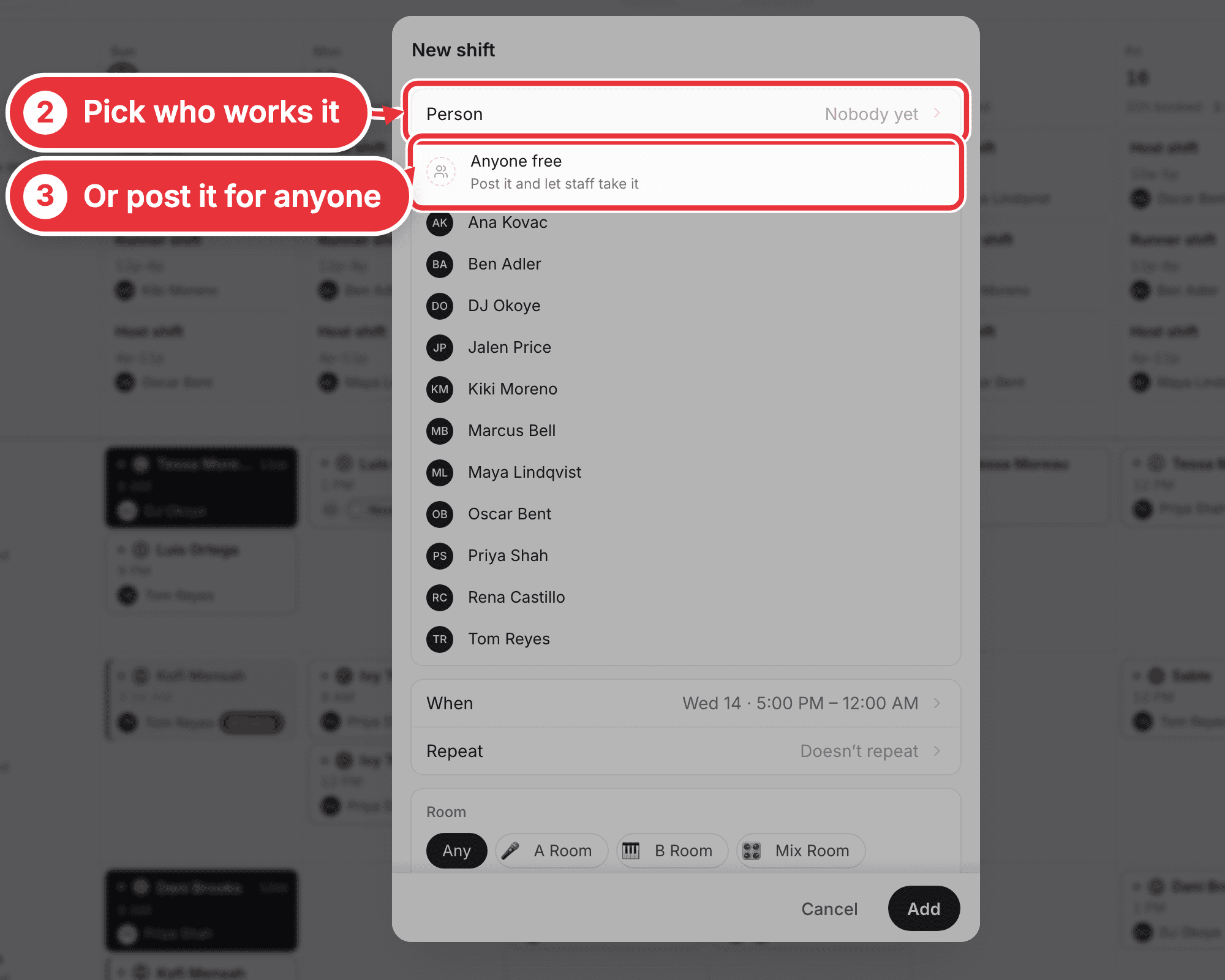 The New shift form, with the list of people open
