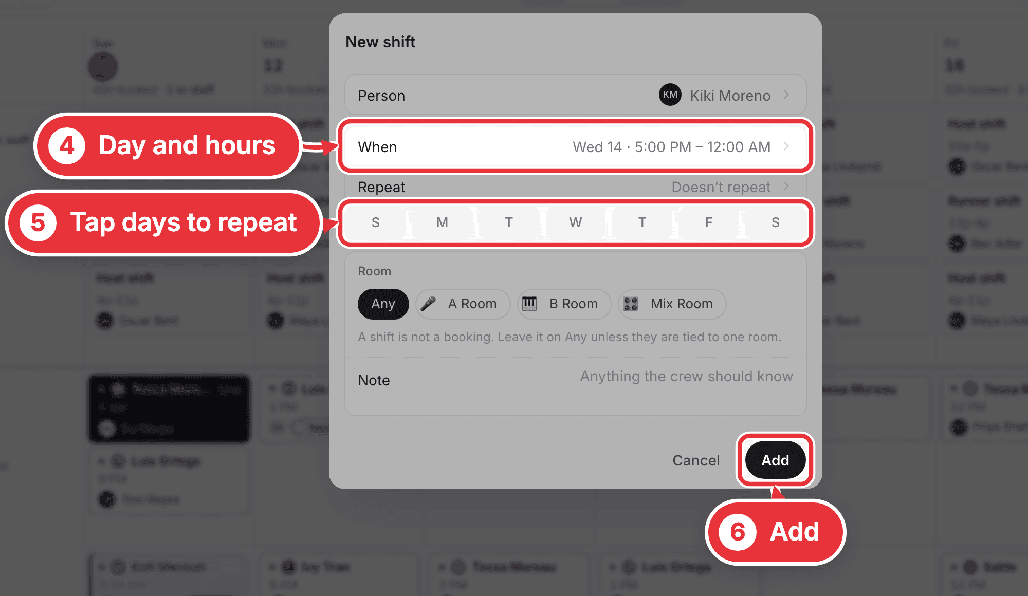 The New shift form, with When, Repeat and Add marked