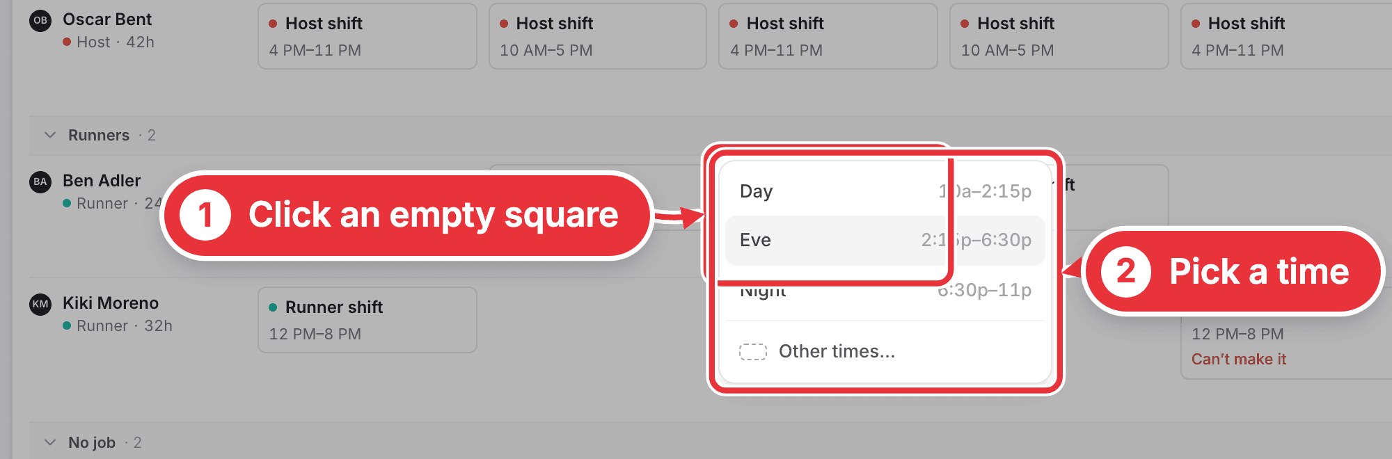 An empty square clicked, with the time menu open